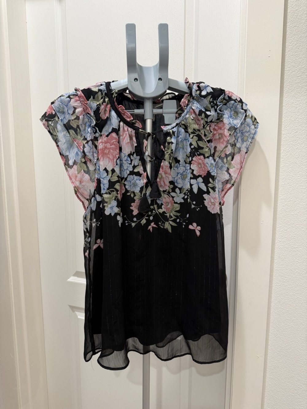 Joie Black Floral Cap-Sleeve Blouse with Pink & Blue Blooms